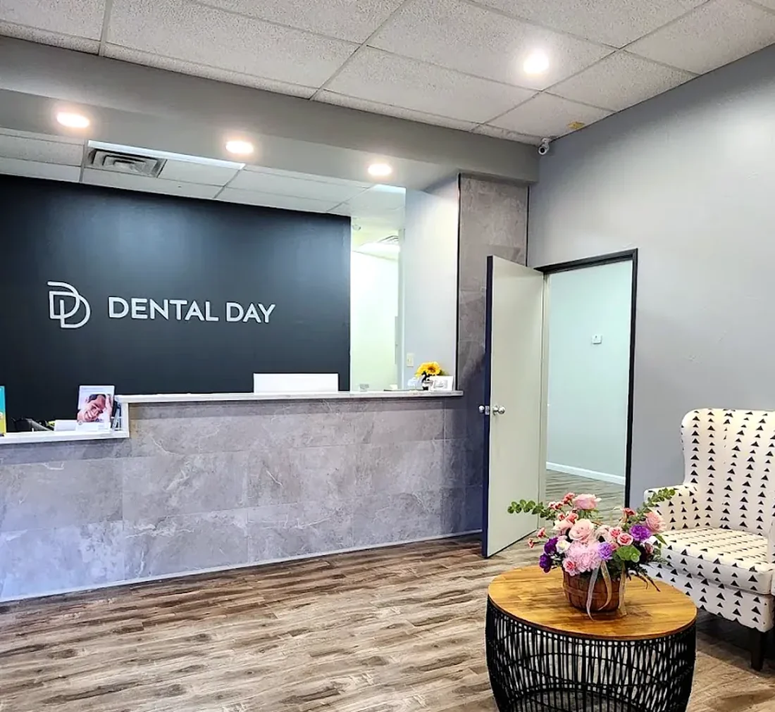 The bright, welcoming reception area at Dental Day in Carrollton, Texas